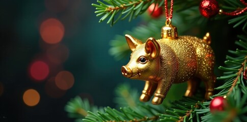 Colorful glass beads and tinsel entwine a glittering golden pig ornament suspended from a lush fir branch, fir branch, glass beads, colorful