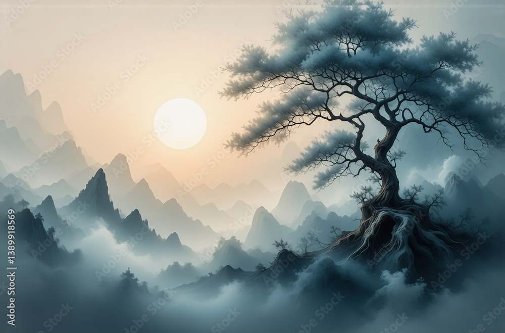 Poster an ethereal landscape. a lone, ancient tree crowns a peak. misty mountains fade into the distance. a