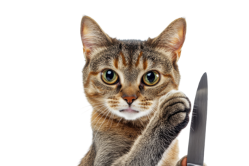 Tabby cat holding knife intense stare white background close up shot mischievous feline