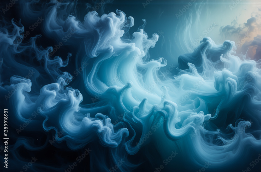 Poster the image shows ethereal swirling masses of blue and white, reminiscent of billowing smoke or styliz