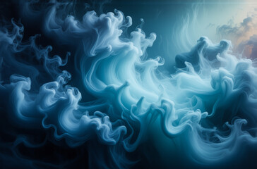 Obraz premium The image shows ethereal swirling masses of blue and white, reminiscent of billowing smoke or stylized waves. A dynamic composition evokes a sense of depth and mystery, with hints of light.