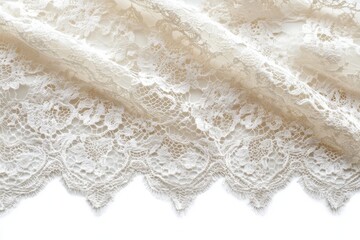 Obraz premium Elegant beige lace fabric detail delicate floral pattern soft texture draped elegantly on white