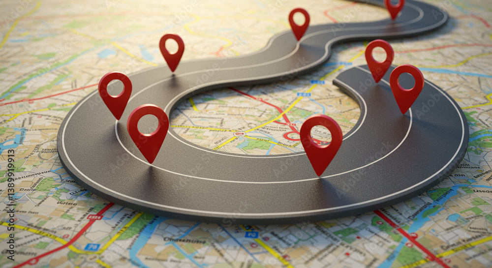 Aufkleber map with route markers on road map for navigation and route planning. road map with red pointers sho