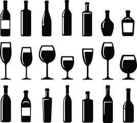 Wine bottle and glass icon in flat set. isolated on transparent background.
