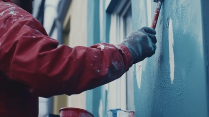 A painter applying exterior paint to a building facade. Featuring precision and durability