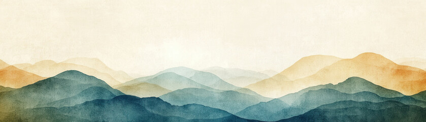 Watercolor landscape of layered mountains in calming earthy tones, Blank background with copy space and negative space for text