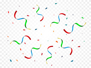 Colorful Confetti with Streamer Ribbon on Transparent Background. Celebration Banner. Vector Illustration. Wallpaper