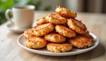Delicious fried cake stacked on plate with tea, evening warmth