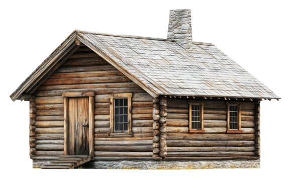 rustic wooden cabin with stone chimney and wooden roof exudes cozy, traditional charm. log construction and simple design evoke sense of warmth and nostalgia