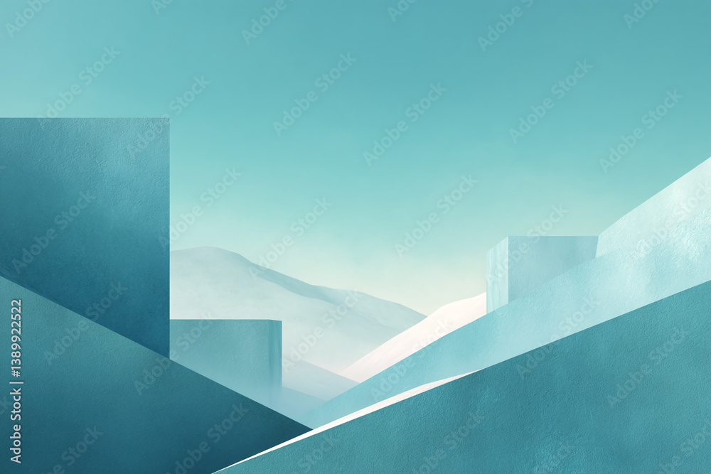Poster abstract image of teal geometric shapes against a light teal sky, suggesting a minimalist landscape 