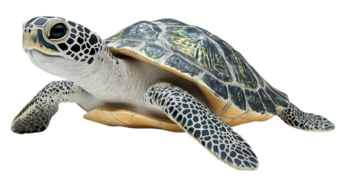 realistic illustration of sea turtle showcases its detailed shell and textured skin, capturing essence of marine life. turtle serene expression adds sense of calm to image