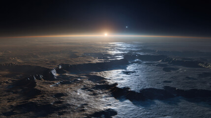 Fototapeta premium Ultra wide-angle image of planetary surface from low orbit, volcanic plains and icy cliffs lit by a soft radiant sunrise, thin atmospheric halo