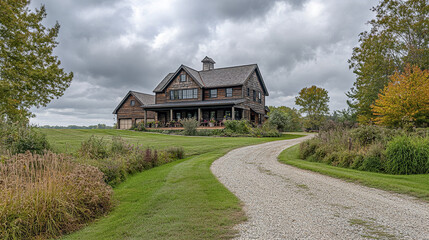 Fototapeta premium Countryside home with rustic barn and winding path under cloudy sky