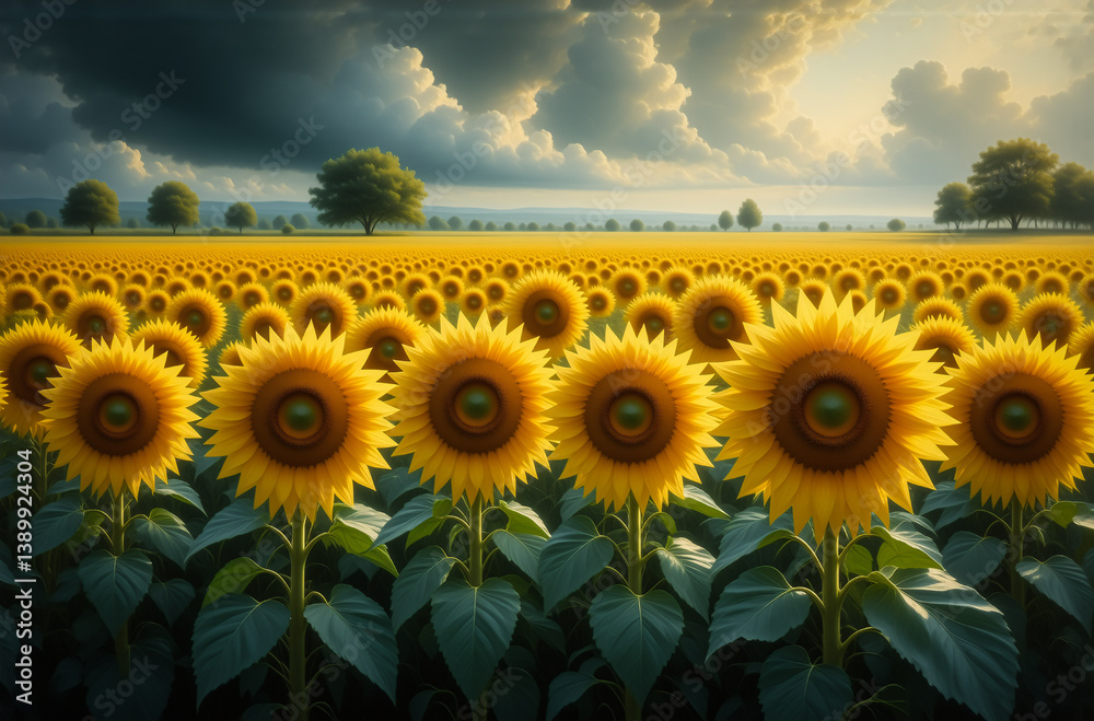 Aufkleber a field of sun-kissed blooms basks in the golden light of a partially cloudy sky, evoking warmth and