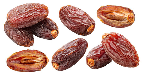 Set of semi-dry dates, or date palm fruits isolated on white background. File contains clipping...