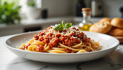 Delicious pappardelle with ragu in modern kitchen, savory indulgence