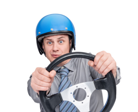 Man in blue helmet and office clothes holding steering wheel with panicked face. Symbol of stress, fear, or inexperience in driving or decisions. Isolated on transparent background PNG.