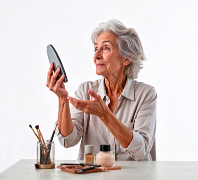 Caucasian ederly woman applying makeup