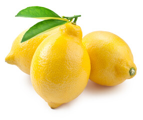 Ripe lemon fruits with green leaves isolated on white background. File contains clipping path.
