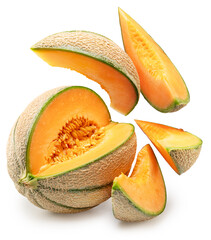 Cantaloupe melon and melon slices fly off it isolated on white background. File contains clipping...