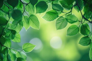 Fresh leaves frame vibrant green bokeh