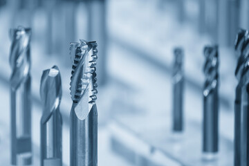 Close-up scene the rough cutter end mill tools in the light blue scene.