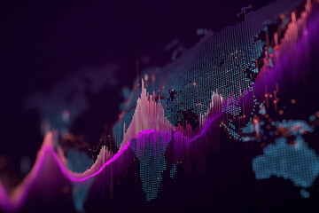 Abstract image of glowing pink and purple data streams visualized over a world map, suggesting global data flow and market trends, ideal for technological or financial concepts