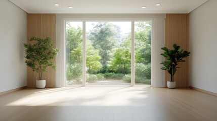 Fototapeta premium Bright, modern room with large windows showcasing a garden