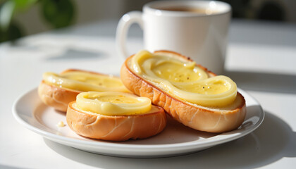 Creamy spread on toast with coffee, minimalistic breakfast concept