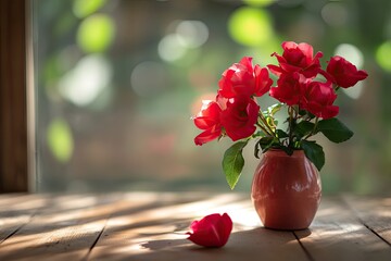 Red Roses in Vase on Wooden Table