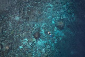 A snorkeler swimming over the coral reef in a turquoise waters of tropical sea