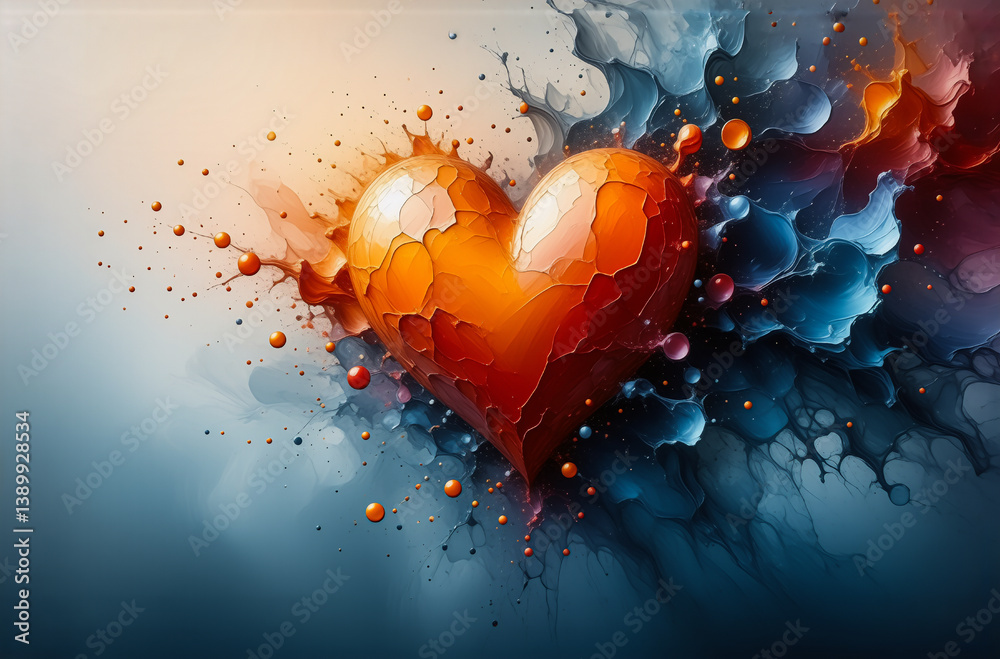 Poster an artistic representation with an orange heart bursting with vibrant colors on a dark background. t
