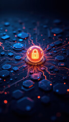 A futuristic digital illustration of a cybersecurity concept with glowing neon elements against a dark background.