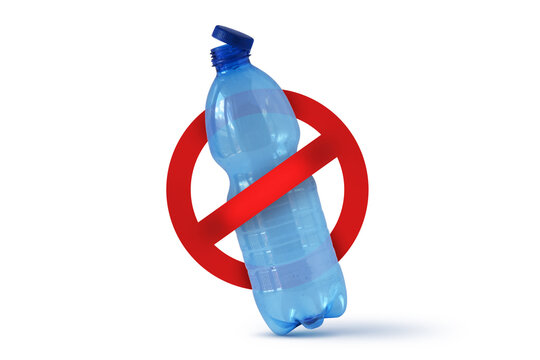 Plastic bottle of mineral water with prohibition sign on white background - Stop plastic concept