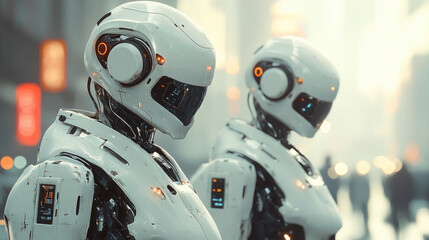Close-up of a two cybernetic humanoid robot ready to perform tasks assigned to it. Concept of robotics, machine learning, advanced cybernetics.banner