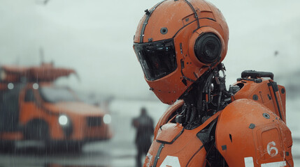 Futuristic red robot standing in front of a massive fire in an urban environment, symbolizing artificial intelligence in disaster management and technological advancements in emergency response