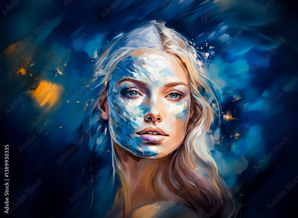 Poster here's a description and keywords based on the image: a portrait of a woman with long, flowing hair.