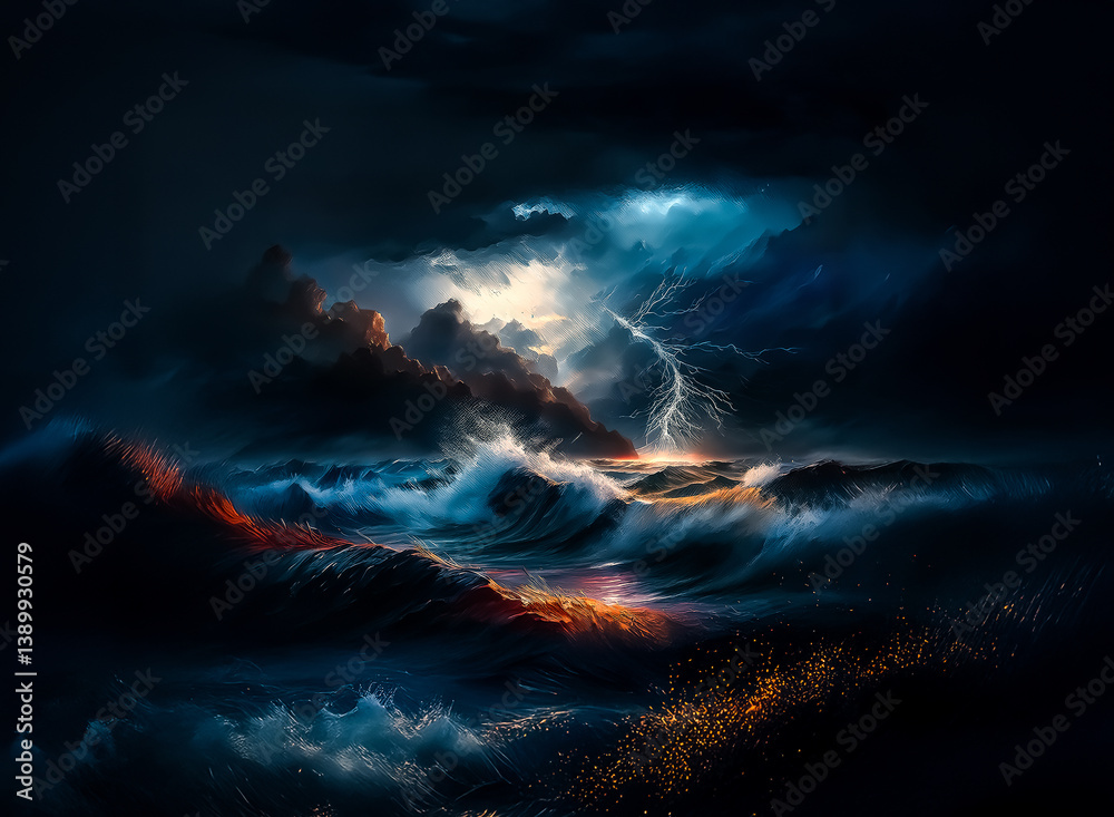 Poster A dramatic seascape captures a raging ocean storm with towering waves and intense lightning strikes illuminating dark clouds. The fiery colors of sunset mingle with the cool blues, creating a volatile