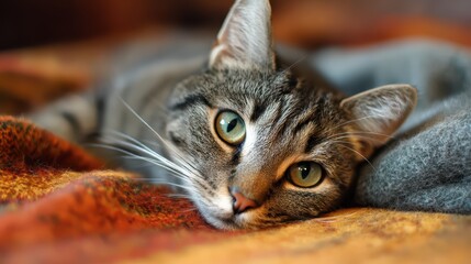 Tabby cat resting head on cozy blanket with blurred background