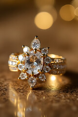 Fototapeta premium Elegant diamond engagement ring luxury jewelry close-up photography soft lighting romantic vibe