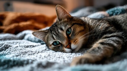 Tabby cat resting head on cozy blanket with blurred background