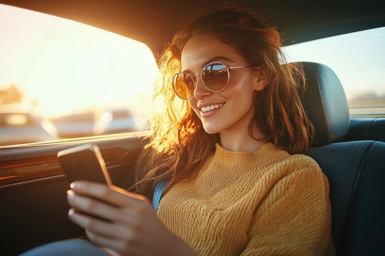 Happy woman using smartphone in taxi during golden hour with sunglasses - Powered by Adobe