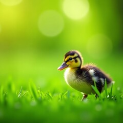Obraz premium Tiny duckling exploring the fresh green grass, discovery, small