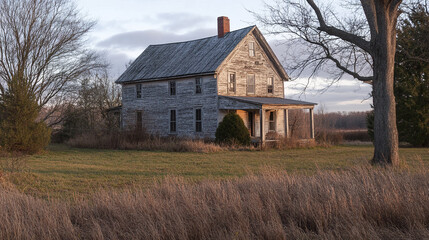 Obraz premium Weathered farmhouse in rural landscape with serene atmosphere