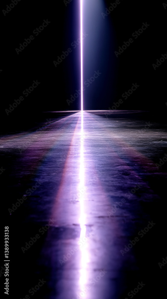 Poster dark background with a vertical beam of purple light illuminating a reflective surface, creating a d