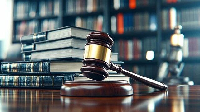 Justice system in action with a gavel resting on a wooden block amidst law books