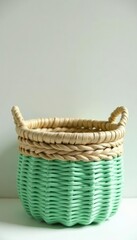 Light green wicker basket made from flax fabric and twine, wicker, natural fiber, natural fiber basket
