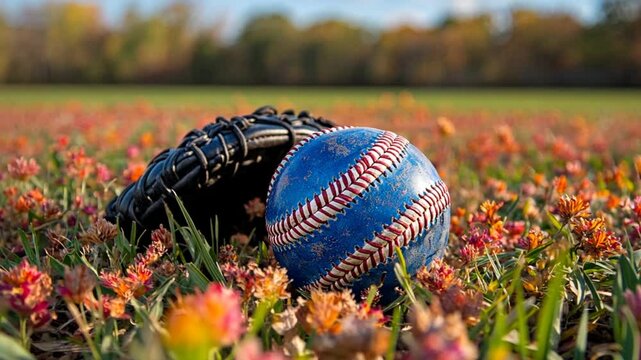 Baseball glove and ball in a field of wildflowers