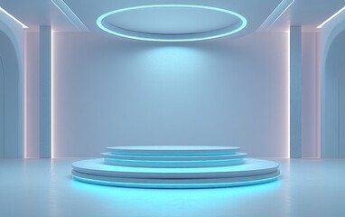 Futuristic Minimalist Stage with Cyan Glow for Product Display and Design Presentation