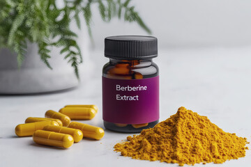 Berberine extract dietary supplement bottle with capsules, and a ground yellow herbal powder. Alternative medicine, herbal treatment concepts